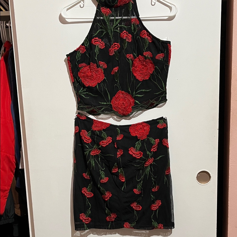 Black and Red Floral embroidered Dress
